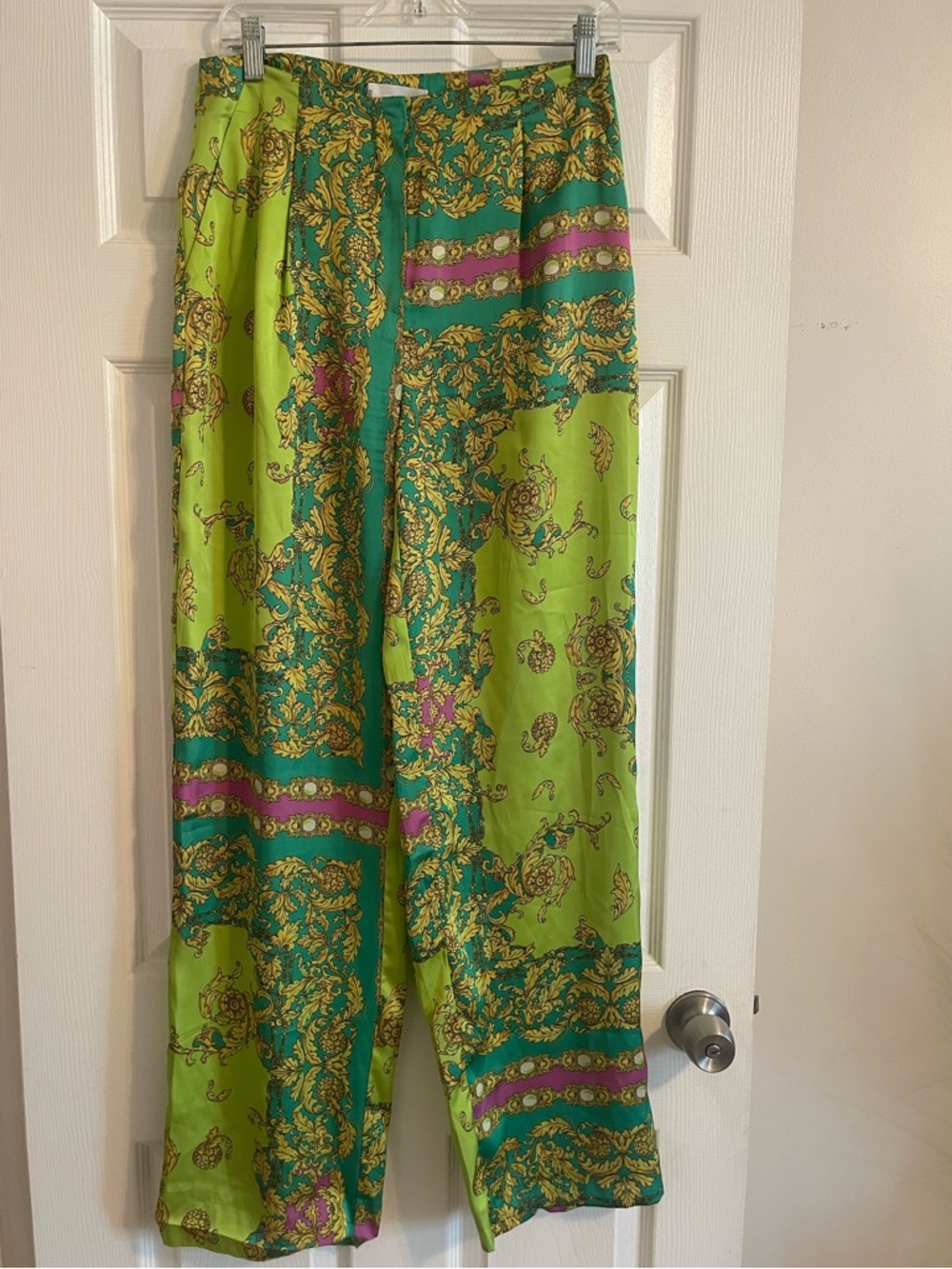 Mango Green and Gold Baroque Print Pants